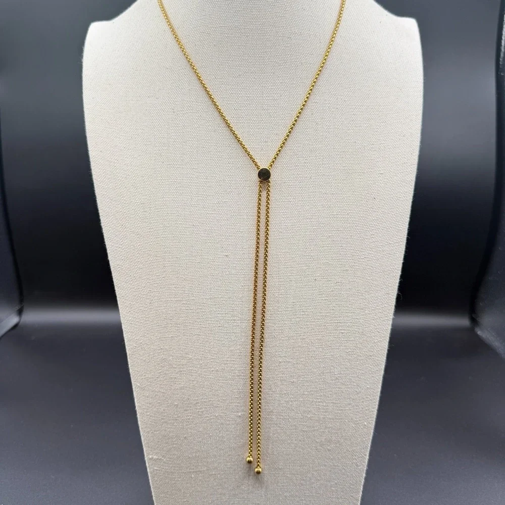 Gold Tone Adjustable Bolo Lariat Necklace Box Chain Tassel Minimalist Jewelry